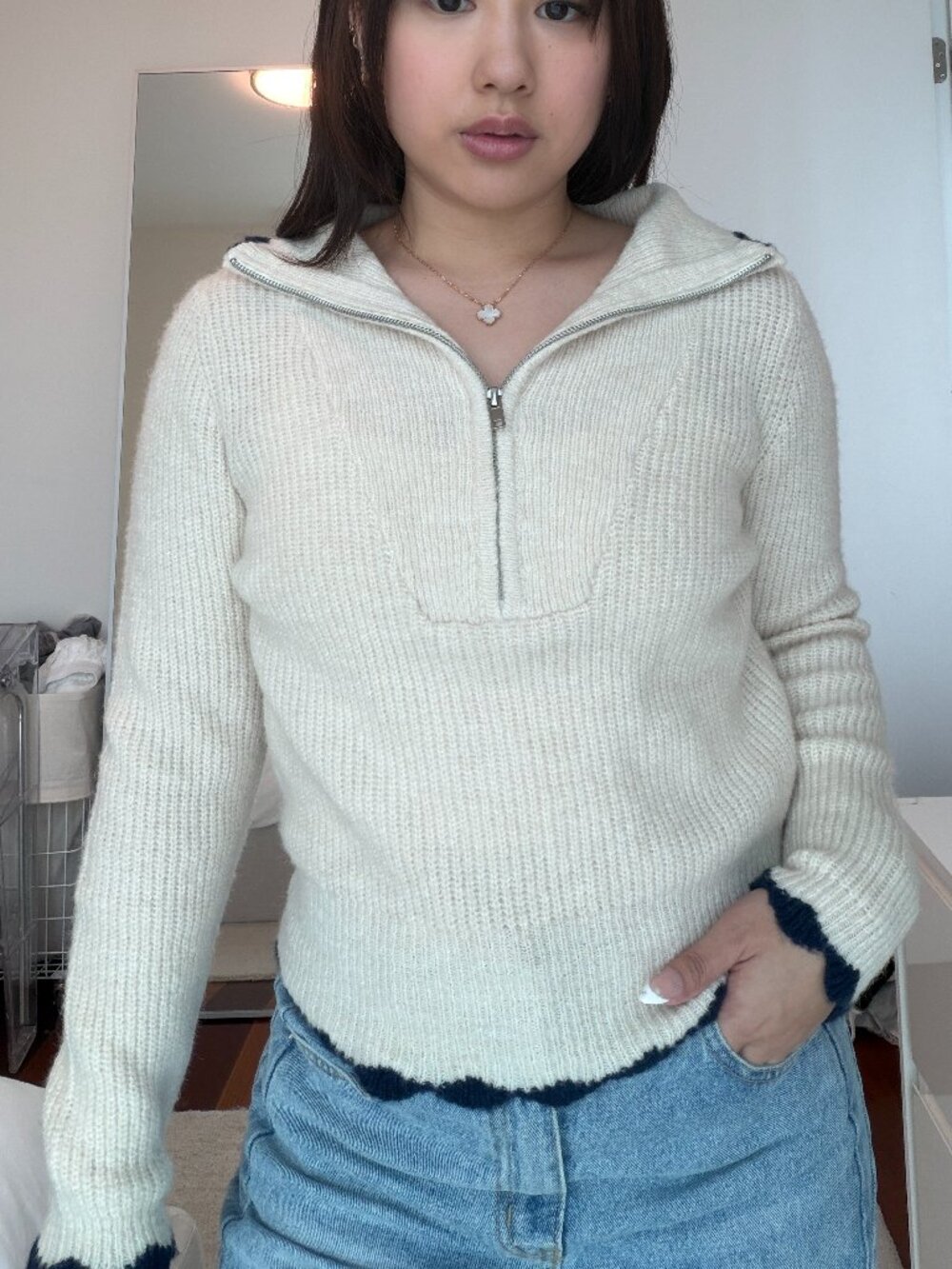 Heartloom Scalloped Beige Quarter Zip Up Sweater